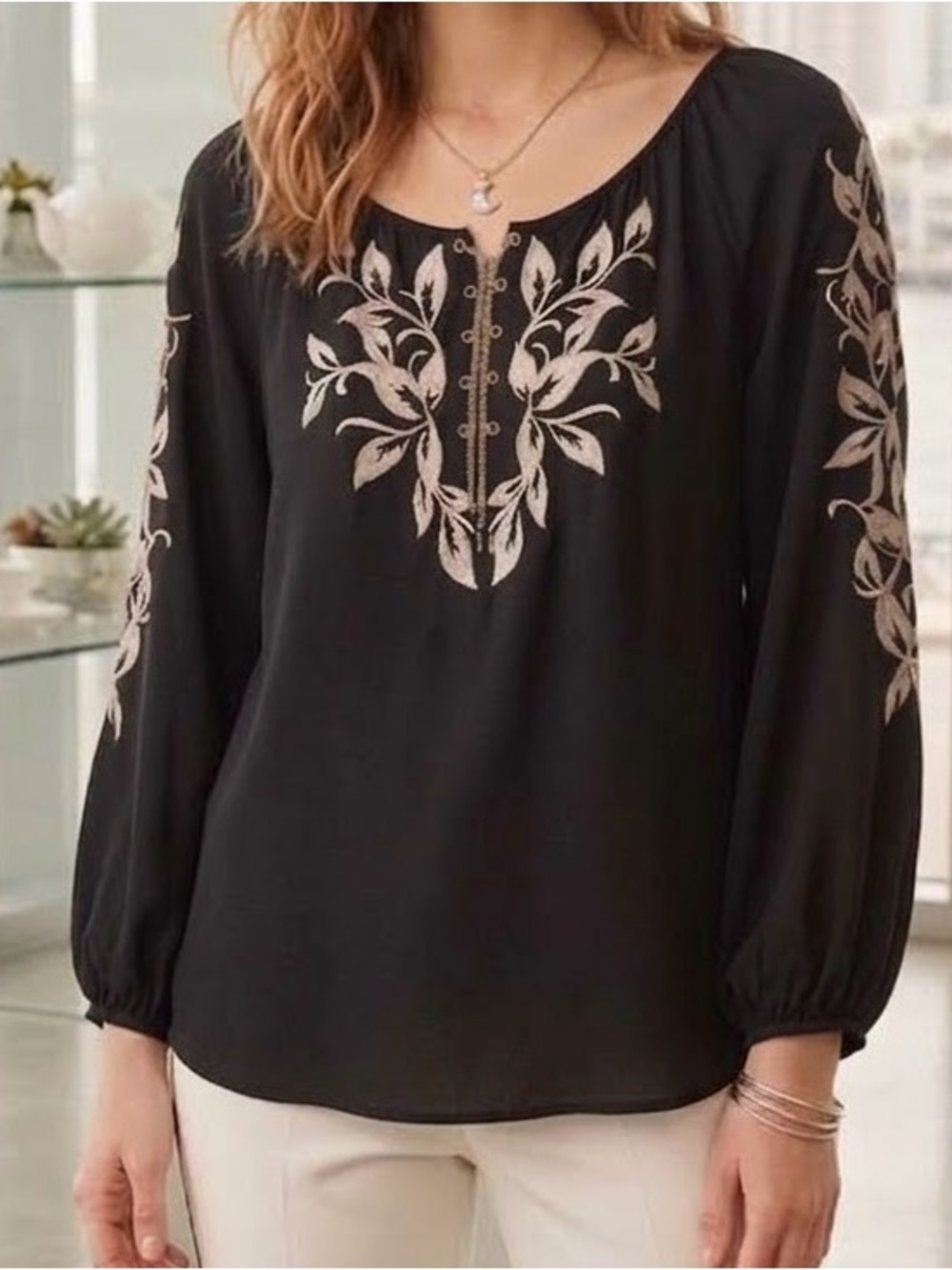 WHBM White House Black Market Silver Embroidered Chain Tunic Top Black XL